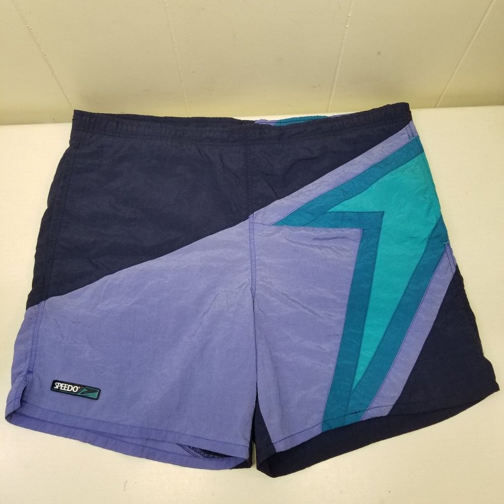 Speedo L Swim Trunks Blue Colorblock Drawstring Waist Adjustable Vtg Hong Kong